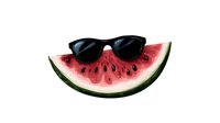 Watermelon slice wearing black sunglasses on white background. Summer fruit character with cool attitude for seasonal designs and fun projects.
