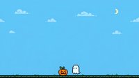 Cute Halloween pumpkin and ghost characters sitting on ground with blue sky, clouds and moon. Isolated clipart for seasonal designs.
