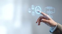 Businessman hand touching digital security interface with padlock icons and percentage symbol, representing cybersecurity, data protection, and network safety for business technology solutions.