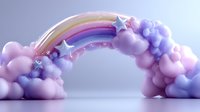 Magical pastel rainbow arch with fluffy clouds, stars and sparkles in pink and purple colors on light background, dreamy fantasy composition.