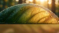 Macro shot of a single green leaf with water droplets, backlit by warm golden sunlight, showing detailed vein structure and translucent texture for nature and botanical projects.