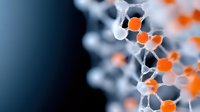 Molecular structure visualization with orange and white atoms connected by bright bonds against dark background, scientific research concept.
