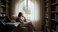 Woman in casual beige clothing sitting in armchair by window with laptop, surrounded by bookshelves in home library setting, working remotely.