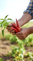 Farmer holding freshly harvested red chili peppers with green leaves in agricultural field. Suitable for farming, agriculture, organic produce, and food industry marketing.