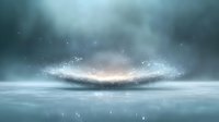 Mystical winter landscape with glowing horizon and floating particles over frozen lake surface in foggy atmosphere, creating ethereal natural phenomenon.