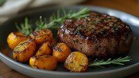 Juicy grilled beef steak with roasted golden potatoes and fresh rosemary sprigs served on gray plate, close up view showing meat texture and caramelization.