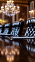 Luxury boardroom interior with black leather chairs and crystal chandelier, reflecting on polished wooden conference table. Professional corporate meeting space.
