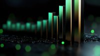 Growing financial bar chart with glowing green light effect on dark background showing business growth and success analytics data visualization.