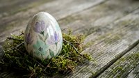 Decorative Easter egg with delicate floral pattern resting on moss against rustic wooden background for spring holiday celebrations and seasonal decor.