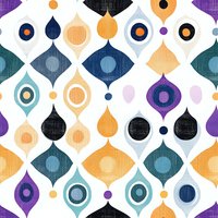 Retro geometric seamless pattern with teardrop and circular shapes in purple, orange, teal and black. Mid-century modern style repeating background for fabric and decor.