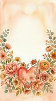 Watercolor floral frame with heart, peach and coral roses, peonies, wildflowers, copy space for Valentine, wedding, greeting card design.