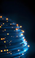 Glowing blue fiber optic lines with orange bokeh lights on dark background create futuristic technology concept for communication and data transfer.