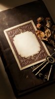 Vintage ornate frame card with dried roses and antique keys on dark wooden surface creating atmospheric mood for romantic or nostalgic design projects.