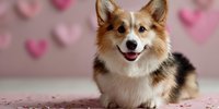Happy Welsh Corgi dog with tricolor coat lying on pink background with heart decorations, perfect for Valentine's Day or pet love themes.