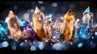Magical crystal points in vibrant colors of purple, amber, and blue glowing against dark background with bokeh lights, creating mystical healing atmosphere.
