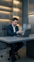 Professional businessman using laptop with digital interface icons in modern office environment for corporate technology presentations.
