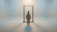 Silhouette of person standing before glowing doorway in ethereal cloudy space representing new beginnings, spiritual journey, and life transitions.