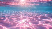 Underwater view with sunlight creating pink and blue reflections on rippling water surface, magical aquatic atmosphere with sunbeams penetrating through waves.