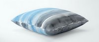 Striped decorative pillow with blue, white, and gray horizontal bands, isolated on white background for home decor and interior design projects.