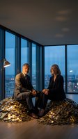 Successful business partners sitting on pile of golden coins in modern office at dusk discussing financial growth and investment strategies.