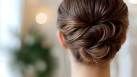 Elegant twisted updo hairstyle with soft brown hair shown from behind against blurred bokeh background, showcasing intricate formal styling for special occasions and weddings.