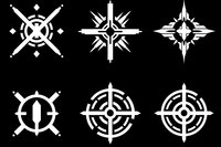White geometric compass symbols and crosshair targets on black background. Isolated design elements for gaming, military or navigation interface graphics.