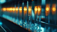 Laboratory glass test tubes with glowing liquid in dark scientific research environment against blurred bokeh lights background for medical studies.
