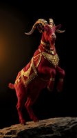 Majestic red goat with golden ornate armor and decorative harness rearing on hind legs against dark background for fantasy gaming and storytelling projects.