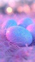 Glittering Easter eggs in soft pink and blue tones nestled in delicate feathers with dreamy bokeh lights creating magical holiday atmosphere.