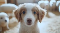 Australian Shepherd puppy with striking blue eyes and red merle coat looking directly at camera, soft bokeh background with other puppies visible.