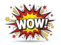 Comic book style WOW explosion burst with red yellow colors and stars on white background for pop art designs and retro graphics projects.