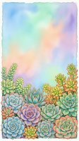 Watercolor succulent garden border with pastel rainbow background, botanical frame design for invitations, greeting cards and decorative projects.