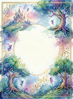 Watercolor fairy tale frame with castle, magical trees, birds and ornate golden border on white background for invitations and storytelling designs.