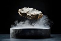 Floating stone above misty platform against black background creates mysterious levitation effect with dramatic lighting and smoke for supernatural concept.