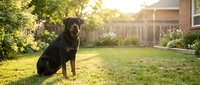 Young Rottweiler puppy sitting on green grass in sunny backyard with wooden fence and brick house background during golden hour sunset lighting.