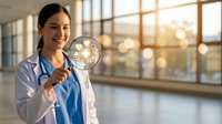 Asian female doctor in white coat holding stethoscope smiling in modern hospital corridor with natural sunlight streaming through windows for healthcare marketing.