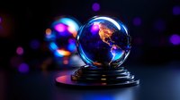 Glowing crystal globe showing Americas continents on dark background with colorful bokeh lights and reflective surface, futuristic global concept.