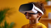 Young African American boy wearing virtual reality headset smiling with joy against yellow wall background, exploring immersive technology and digital entertainment.