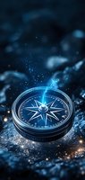 Glowing compass with magical blue light effect on dark background, mystical navigation concept with sparkles and bokeh for business direction and guidance.