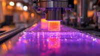 Glowing laboratory test tube with orange liquid under purple UV light in modern research facility, scientific experiment with illuminated specimen analysis.