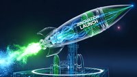 Futuristic rocket ship with glowing green propulsion and digital wireframe design on dark background for technology and innovation concepts.