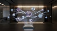 Futuristic holographic display showing connected cubes and data visualization in modern office environment for technology presentations.