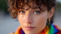 Young woman with curly brown hair and bright blue eyes wearing rainbow colored clothing in soft golden hour lighting, natural makeup and gold hoop earrings.