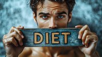 Young Caucasian man with intense blue eyes holding wooden plank with carved diet text against smoky background, expressing determination and struggle with weight loss goals.