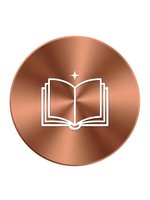 Copper metallic circular button with white open book icon and star symbol isolated on transparent background for web design and mobile apps.