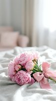 Pink peony bouquet with silk ribbon on white bedding in soft morning light creating romantic bedroom atmosphere for wedding or anniversary celebration.