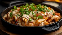 Delicious enchiladas topped with melted cheese, fresh cilantro and diced tomatoes in cast iron skillet. Traditional Mexican cuisine ready to serve.