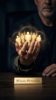 Middle-aged Caucasian male professional holding glowing human figures in palm, symbolizing team leadership, human resources, and workforce potential for business concepts.
