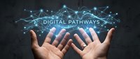 Hands presenting glowing digital network connections with pathways text, representing technology innovation, data flow, and digital transformation concepts.