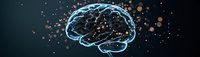 Glowing blue brain outline with particles on dark background illustrates artificial intelligence, machine learning and cognitive science concepts.